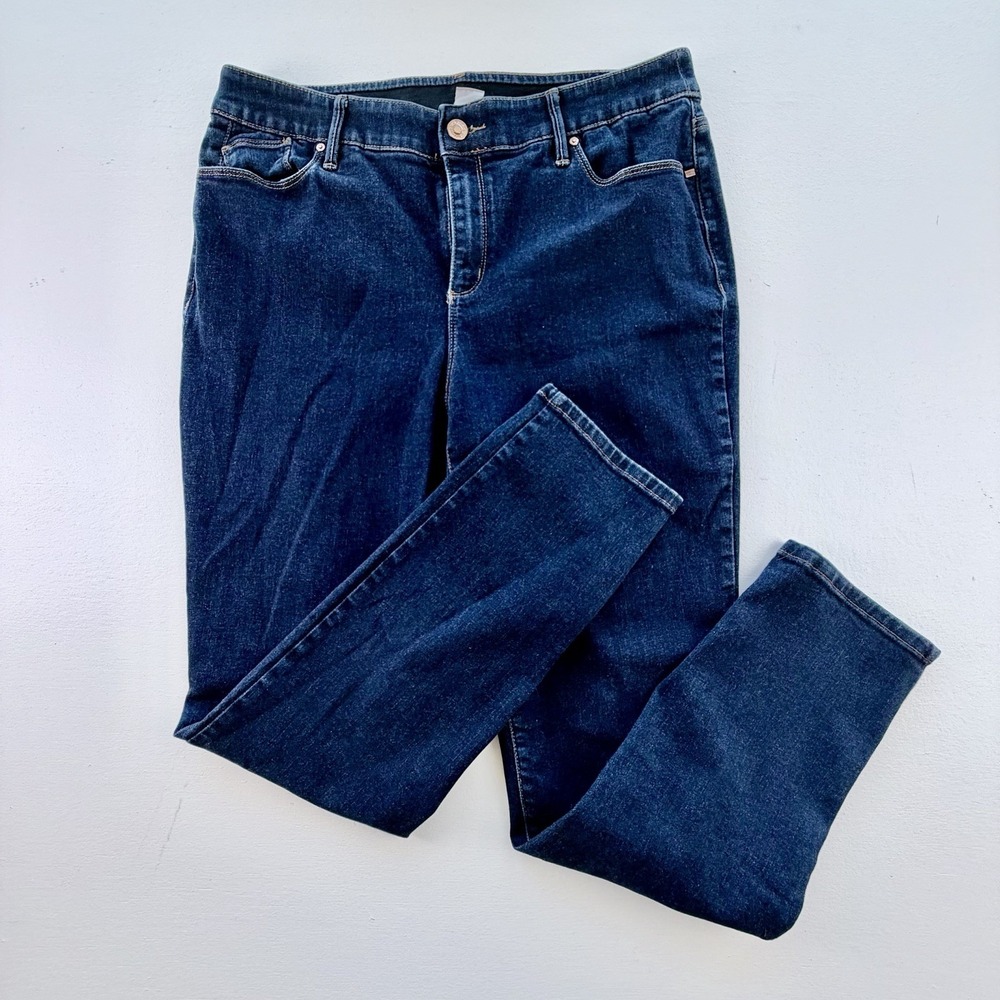 Chico's Women' Blue Denim Straight Leg Jeans Dark Wash Slimming Size 2R, US 12